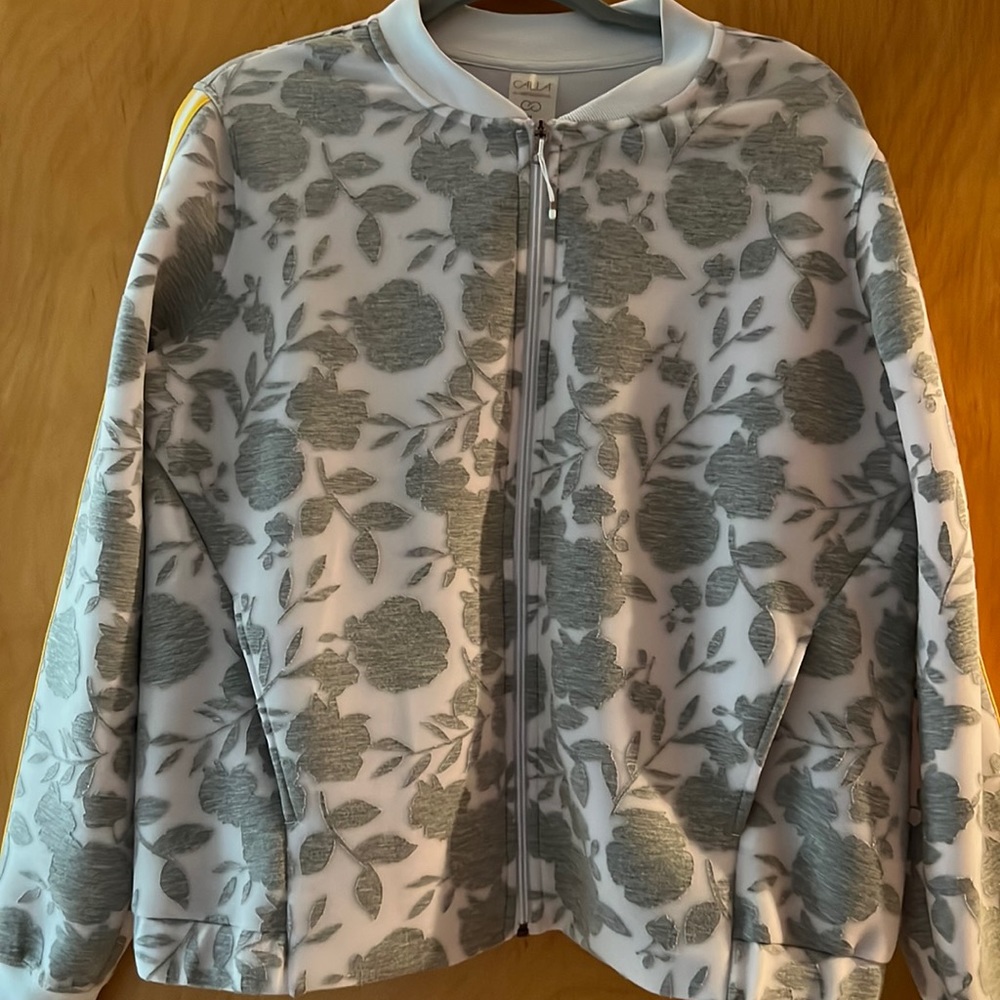White/gray floral zip up with yellow stripe down sleeves